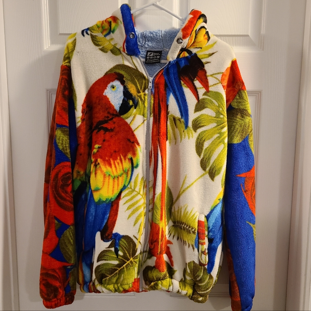 Adult Feel Good Parrot Themed Soft Velour Zip-up Hoodie Size: L Multicolor